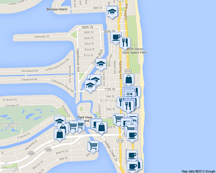 map of restaurants, bars, coffee shops, grocery stores, and more near 7742 Byron Avenue in Miami Beach