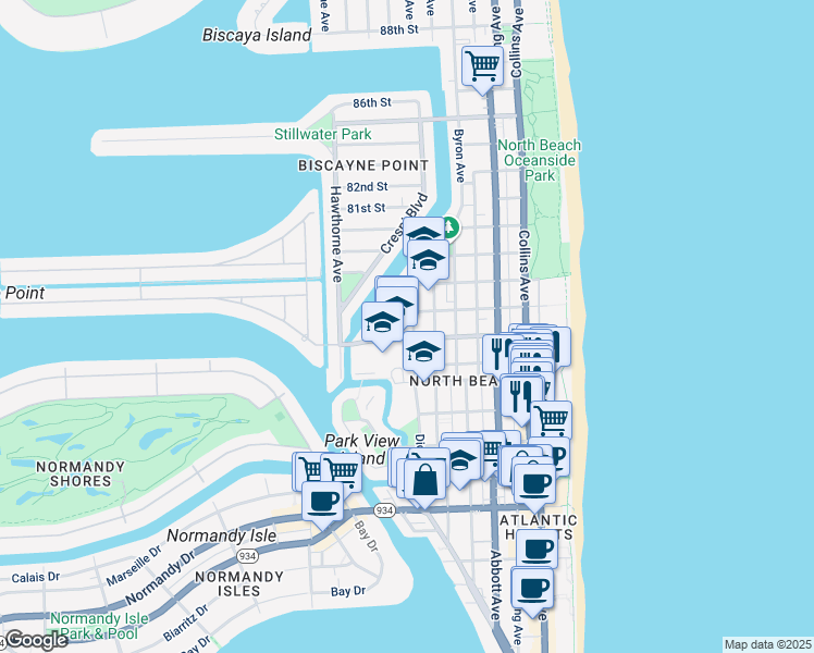 map of restaurants, bars, coffee shops, grocery stores, and more near 630 78th Street in Miami Beach