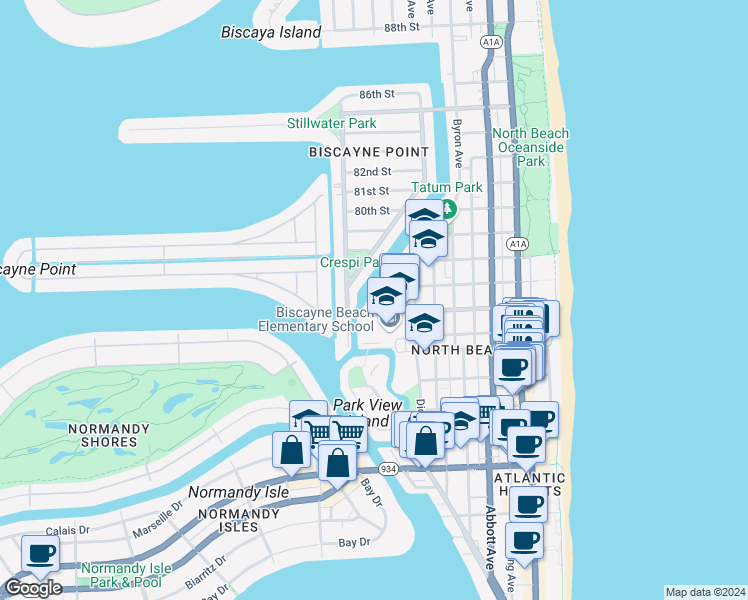 map of restaurants, bars, coffee shops, grocery stores, and more near 7772 Tatum Waterway Drive in Miami Beach