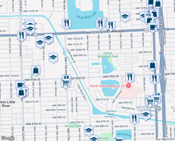 map of restaurants, bars, coffee shops, grocery stores, and more near 1381 Northwest 96th Street in Miami