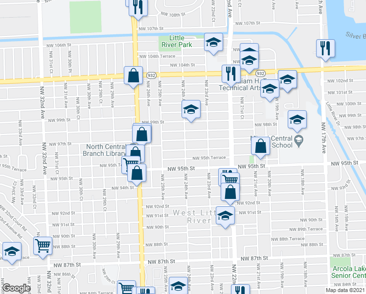 map of restaurants, bars, coffee shops, grocery stores, and more near 9651 Northwest 24th Avenue in Miami
