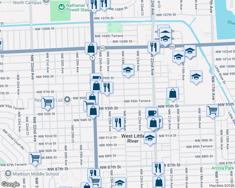 map of restaurants, bars, coffee shops, grocery stores, and more near 2459 Northwest 97th Street in Miami