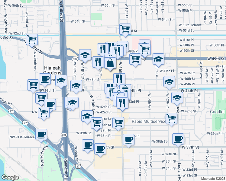 map of restaurants, bars, coffee shops, grocery stores, and more near 1639 West 44th Place in Hialeah
