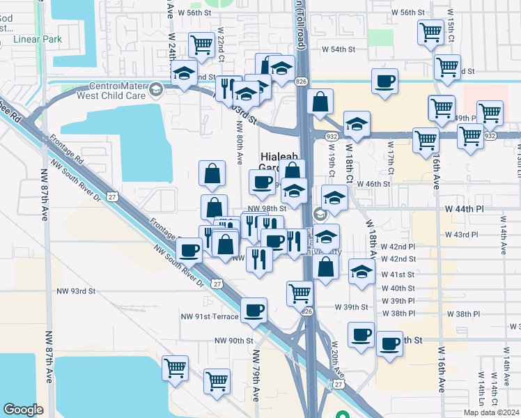 map of restaurants, bars, coffee shops, grocery stores, and more near 9869 Northwest 79th Avenue in Hialeah