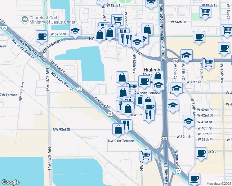 map of restaurants, bars, coffee shops, grocery stores, and more near 8115 Northwest 98th Street in Hialeah