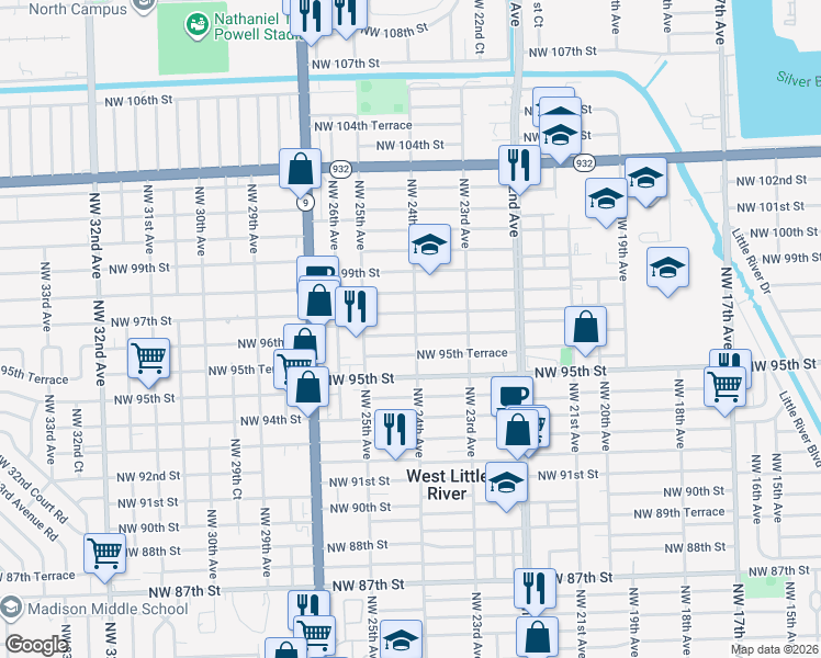 map of restaurants, bars, coffee shops, grocery stores, and more near 9651 Northwest 24th Avenue in Miami