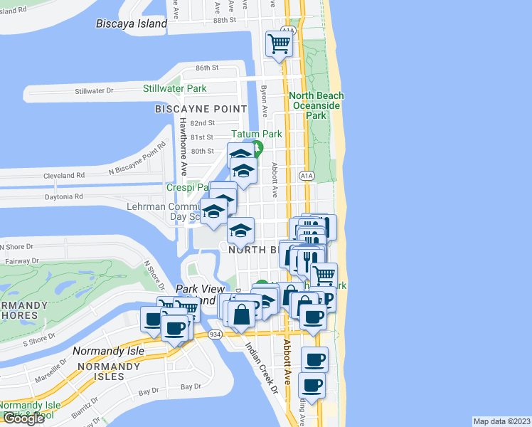 map of restaurants, bars, coffee shops, grocery stores, and more near 7742 Byron Avenue in Miami Beach