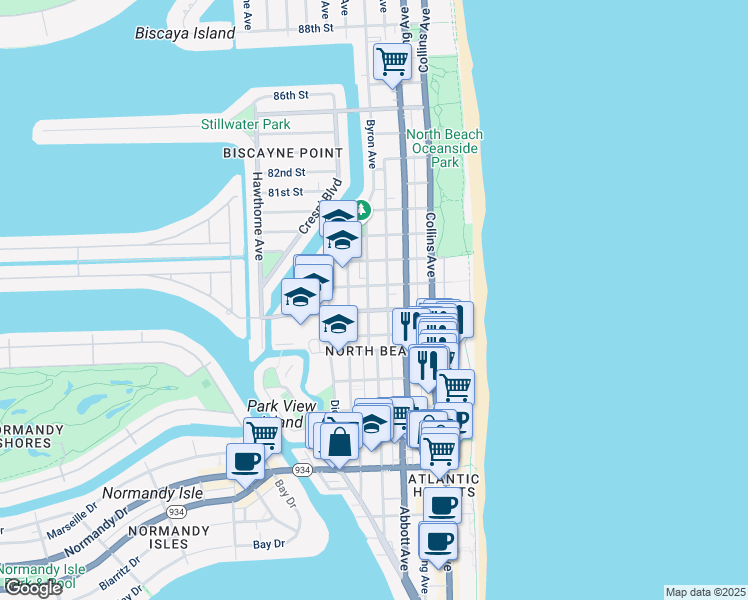 map of restaurants, bars, coffee shops, grocery stores, and more near 7742 Byron Avenue in Miami Beach