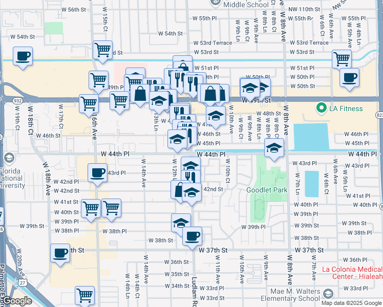 map of restaurants, bars, coffee shops, grocery stores, and more near 4400 West 12th Avenue in Hialeah
