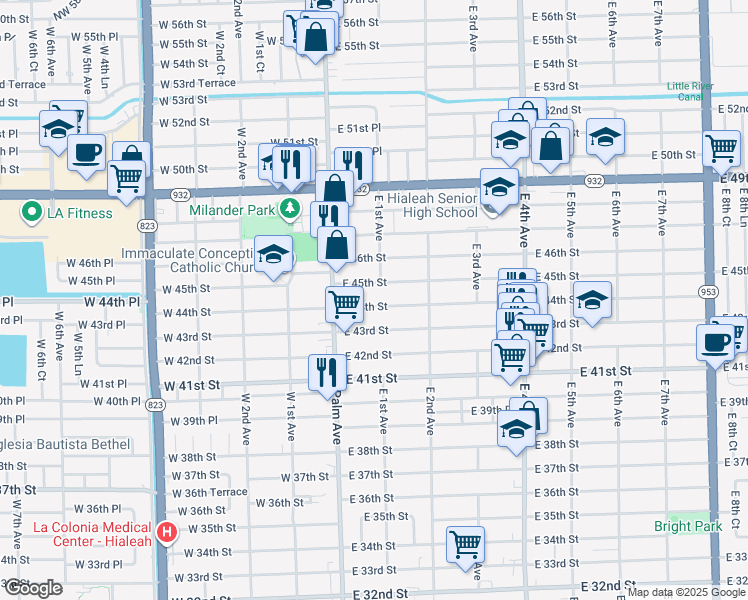 map of restaurants, bars, coffee shops, grocery stores, and more near 58 East 45th Street in Hialeah