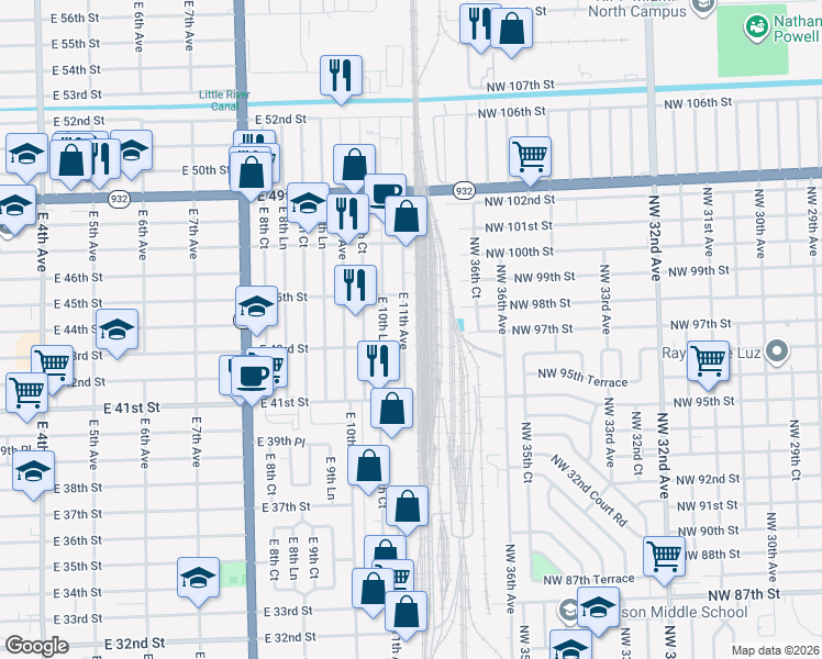 map of restaurants, bars, coffee shops, grocery stores, and more near 4335 East 11th Avenue in Hialeah