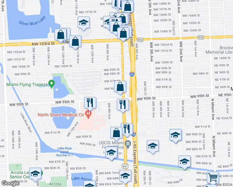 map of restaurants, bars, coffee shops, grocery stores, and more near 759 Northwest 95th Terrace in Miami