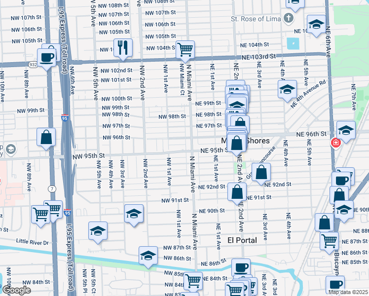 map of restaurants, bars, coffee shops, grocery stores, and more near in Miami Shores