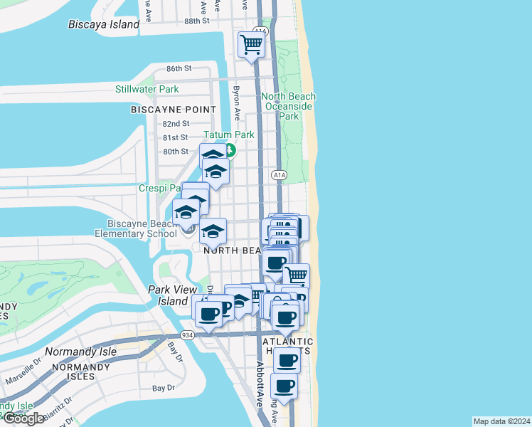 map of restaurants, bars, coffee shops, grocery stores, and more near in Miami Beach