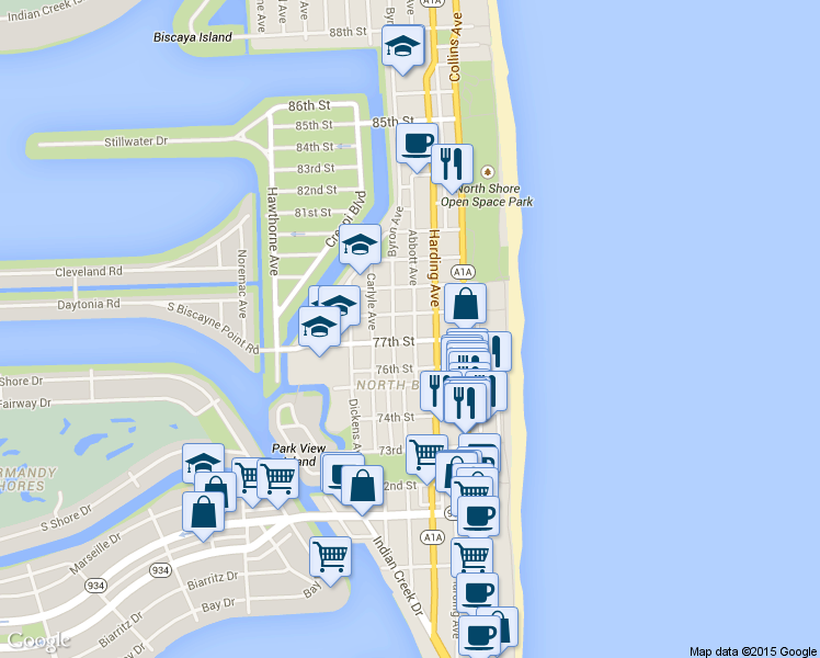 map of restaurants, bars, coffee shops, grocery stores, and more near in Miami Beach
