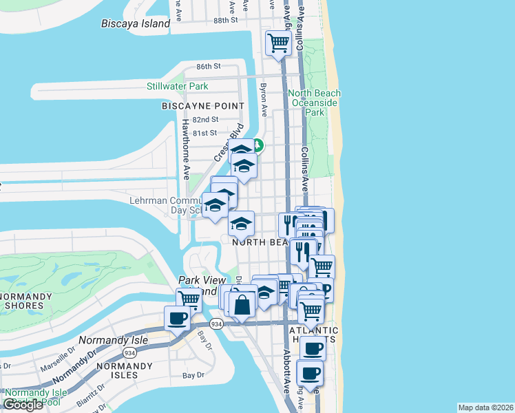 map of restaurants, bars, coffee shops, grocery stores, and more near 7742 Byron Avenue in Miami Beach
