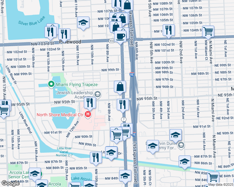 map of restaurants, bars, coffee shops, grocery stores, and more near 750 Northwest 96th Street in Miami
