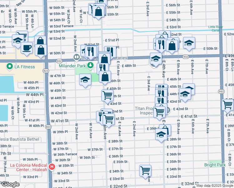 map of restaurants, bars, coffee shops, grocery stores, and more near 58 East 45th Street in Hialeah