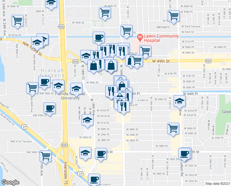 map of restaurants, bars, coffee shops, grocery stores, and more near 1639 West 44th Place in Hialeah