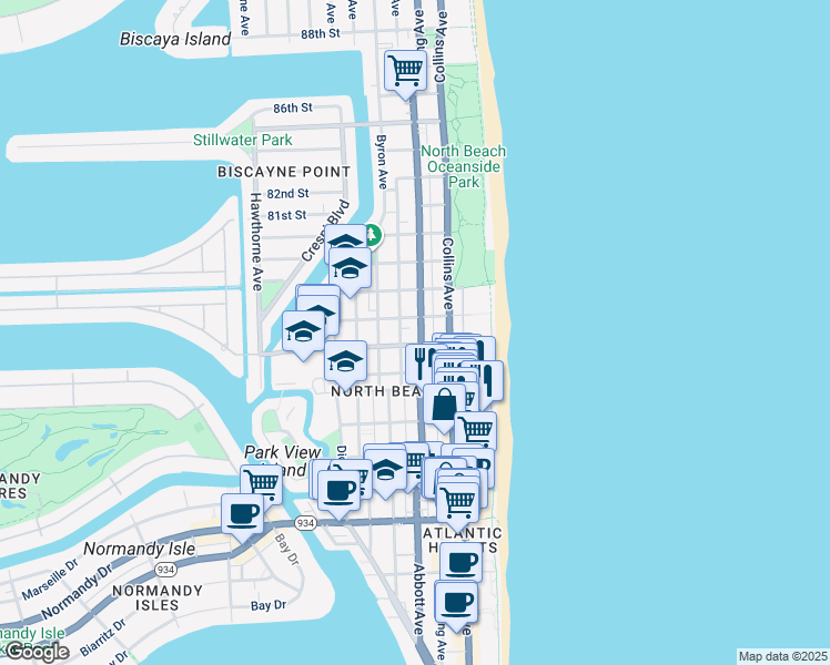 map of restaurants, bars, coffee shops, grocery stores, and more near 314 78th Street in Miami Beach