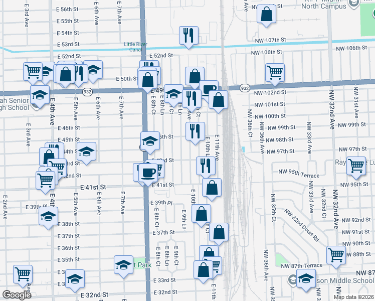 map of restaurants, bars, coffee shops, grocery stores, and more near 4370 East 10th Avenue in Hialeah