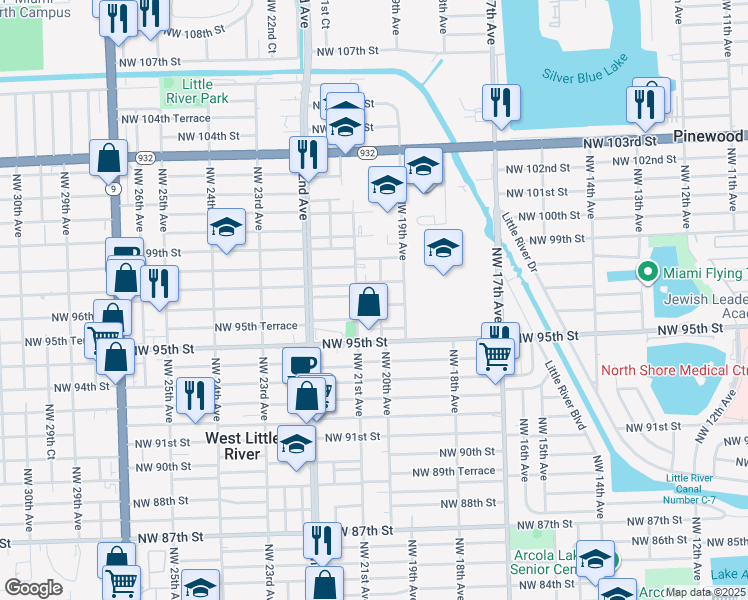 map of restaurants, bars, coffee shops, grocery stores, and more near 2040 Northwest 97th Street in Miami