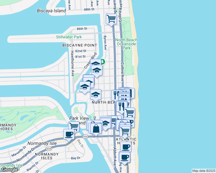 map of restaurants, bars, coffee shops, grocery stores, and more near 7742 Byron Avenue in Miami Beach