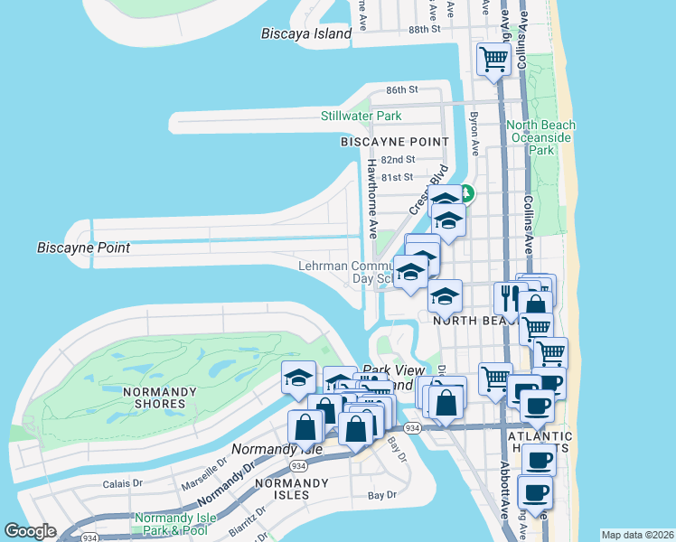 map of restaurants, bars, coffee shops, grocery stores, and more near 7758 Noremac Avenue in Miami Beach