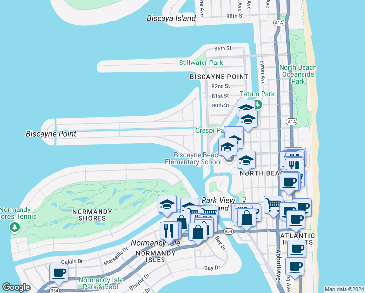 map of restaurants, bars, coffee shops, grocery stores, and more near 7758 Noremac Avenue in Miami Beach