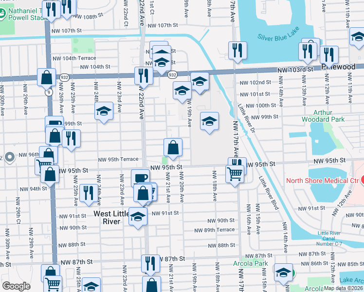 map of restaurants, bars, coffee shops, grocery stores, and more near 1900 Northwest 97th Street in Miami