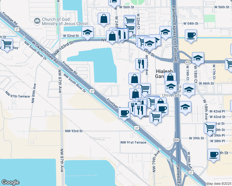map of restaurants, bars, coffee shops, grocery stores, and more near 601 Northwest 82nd Avenue in Hialeah Gardens