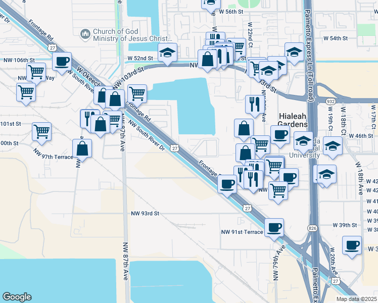 map of restaurants, bars, coffee shops, grocery stores, and more near 9837 West Okeechobee Road in Hialeah