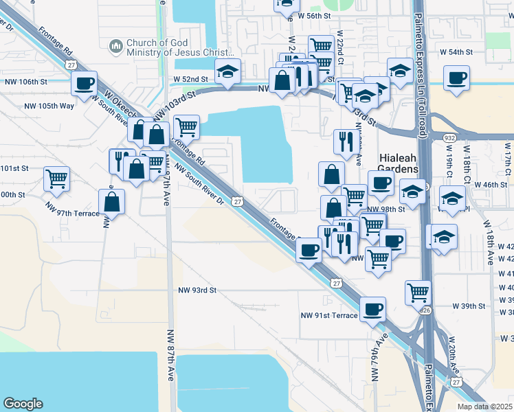 map of restaurants, bars, coffee shops, grocery stores, and more near 9837 West Okeechobee Road in Hialeah