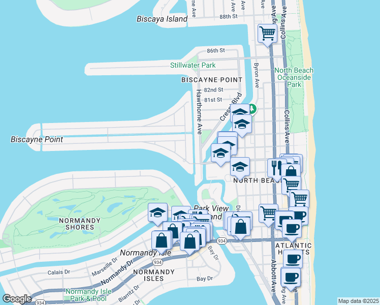 map of restaurants, bars, coffee shops, grocery stores, and more near 7745 Noremac Avenue in Miami Beach