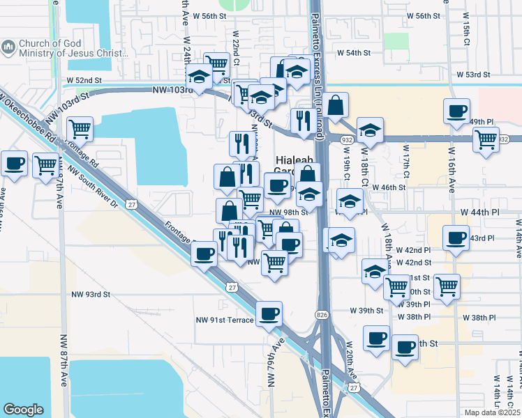 map of restaurants, bars, coffee shops, grocery stores, and more near 9801 Northwest 80th Avenue in Hialeah