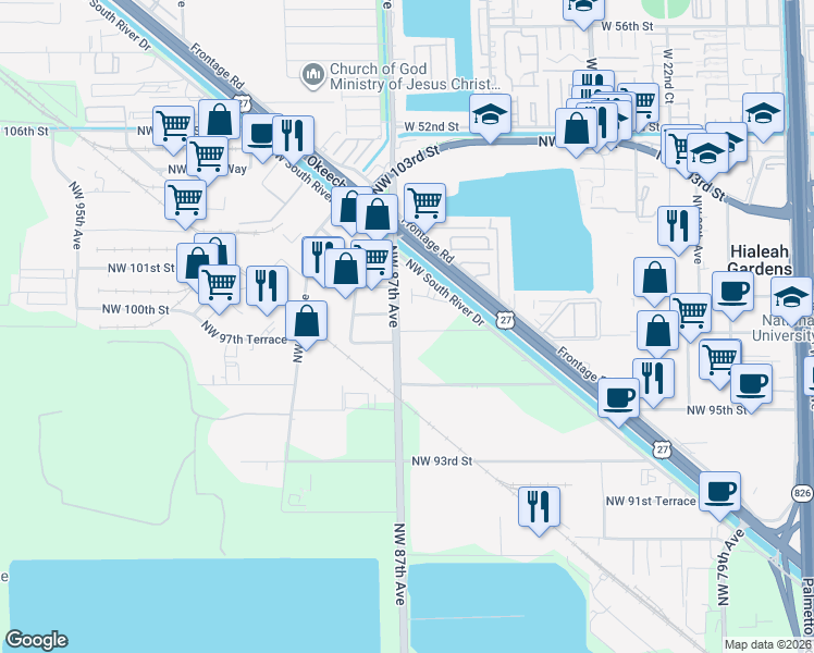 map of restaurants, bars, coffee shops, grocery stores, and more near 10003 Northwest 87th Avenue in Hialeah