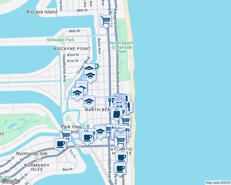 map of restaurants, bars, coffee shops, grocery stores, and more near in Miami Beach