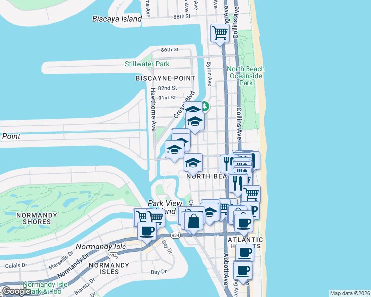 map of restaurants, bars, coffee shops, grocery stores, and more near 630 78th Street in Miami Beach