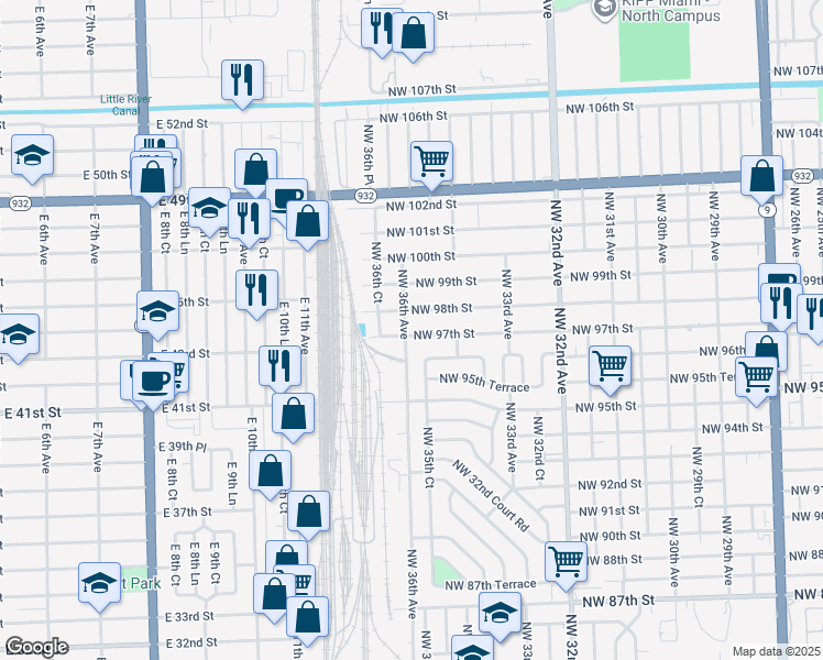map of restaurants, bars, coffee shops, grocery stores, and more near 3593 Northwest 97th Street in Miami