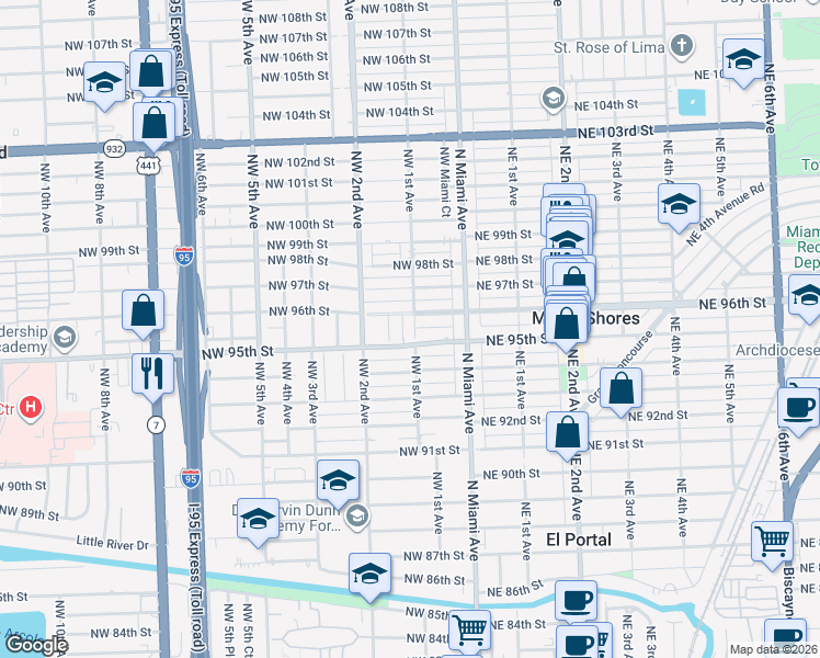 map of restaurants, bars, coffee shops, grocery stores, and more near 78 Northwest 96th Street in Miami Shores