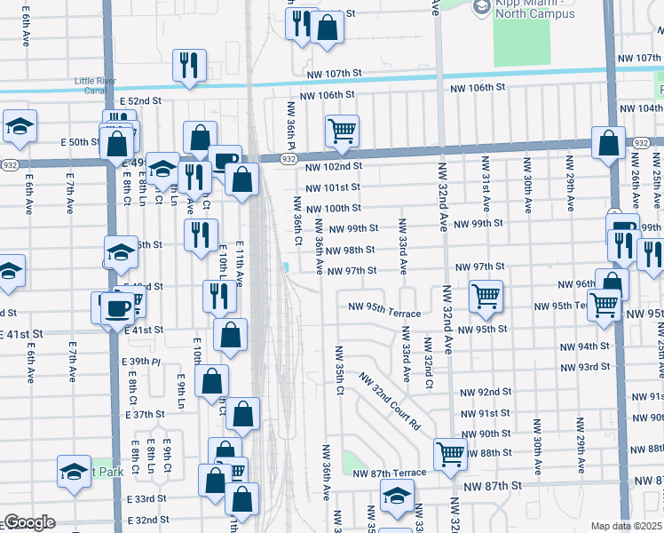 map of restaurants, bars, coffee shops, grocery stores, and more near 3571 Northwest 97th Street in Miami