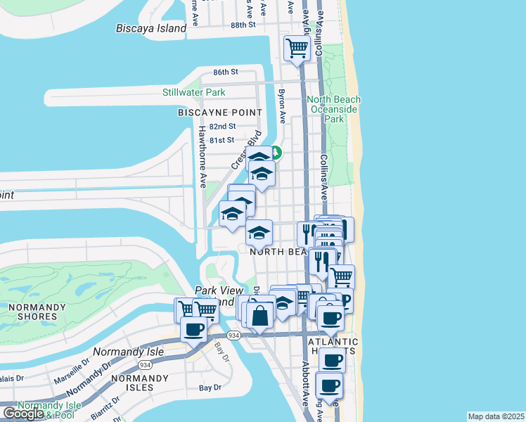 map of restaurants, bars, coffee shops, grocery stores, and more near 630 78th Street in Miami Beach