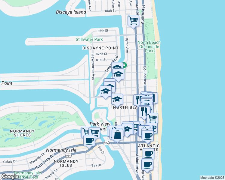 map of restaurants, bars, coffee shops, grocery stores, and more near 630 78th Street in Miami Beach