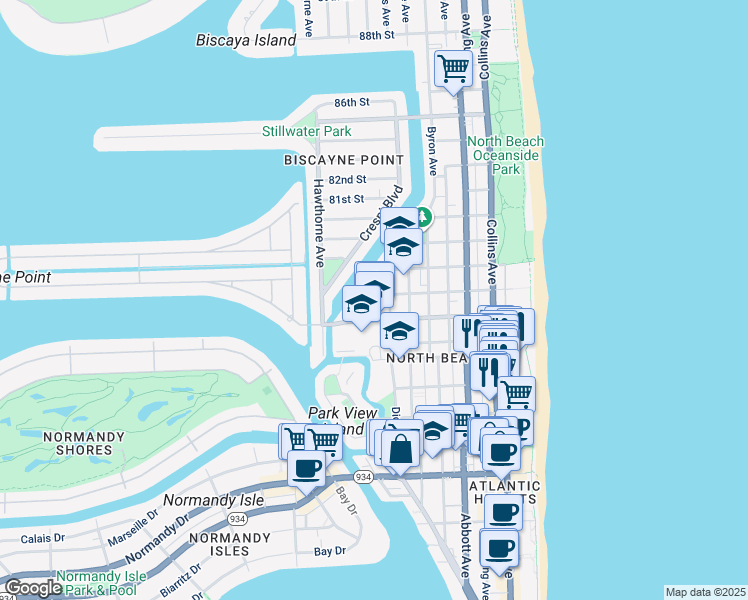 map of restaurants, bars, coffee shops, grocery stores, and more near 630 78th Street in Miami Beach