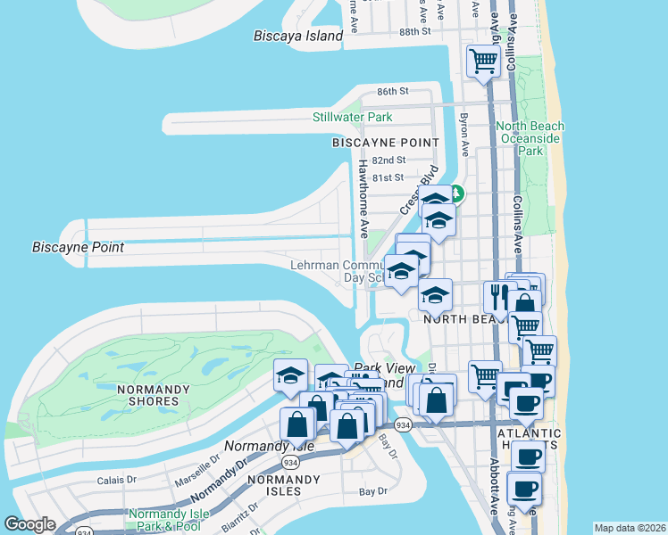 map of restaurants, bars, coffee shops, grocery stores, and more near 7758 Noremac Avenue in Miami Beach