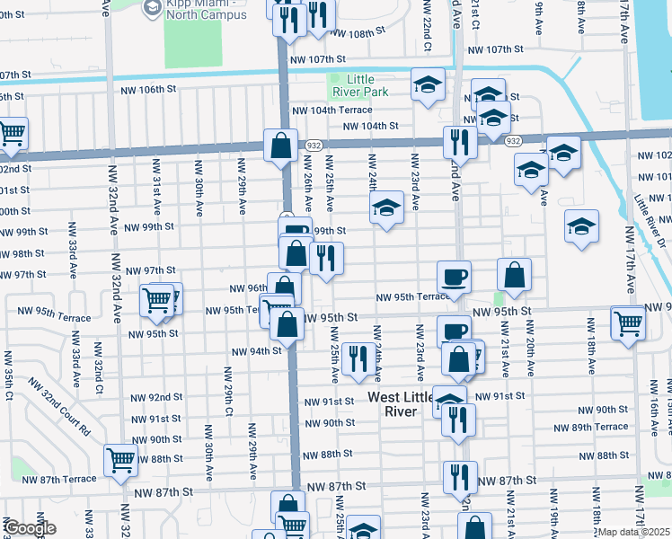 map of restaurants, bars, coffee shops, grocery stores, and more near 2459 Northwest 97th Street in Miami