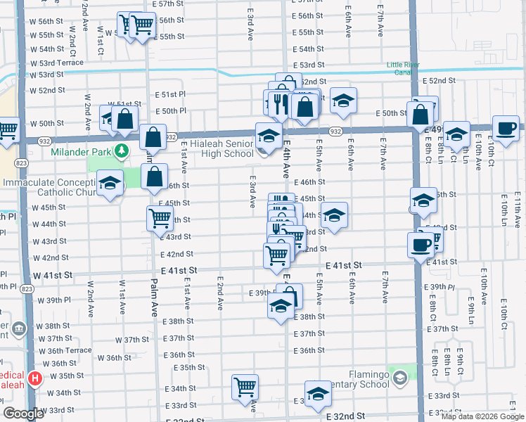 map of restaurants, bars, coffee shops, grocery stores, and more near 350 East 45th Street in Hialeah