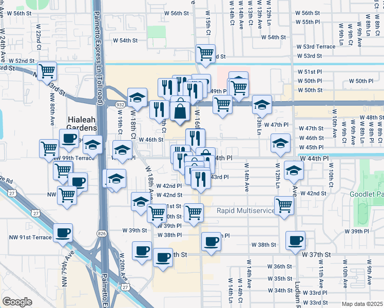 map of restaurants, bars, coffee shops, grocery stores, and more near 1639 West 44th Place in Hialeah