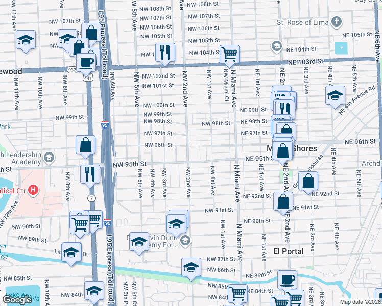 map of restaurants, bars, coffee shops, grocery stores, and more near 210 Northwest 96th Street in Miami