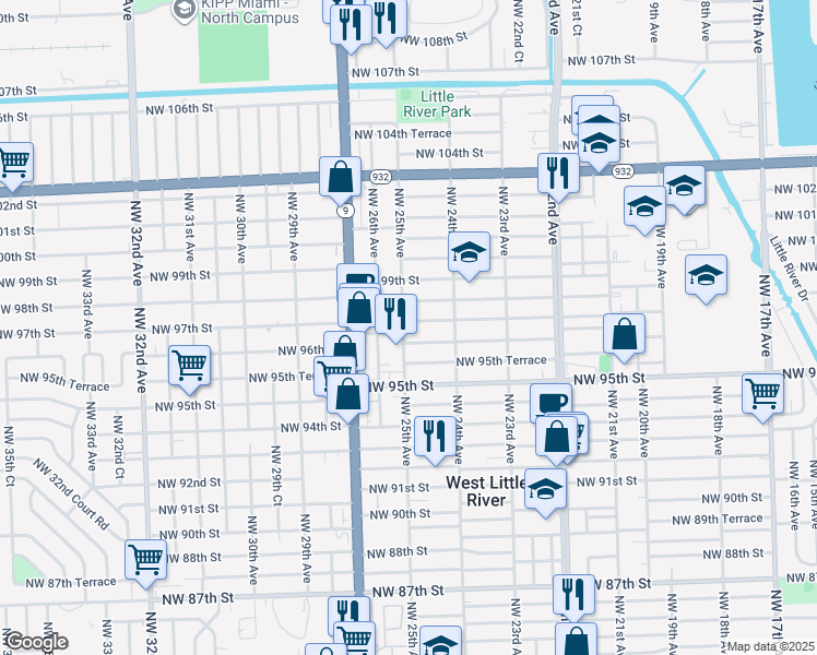 map of restaurants, bars, coffee shops, grocery stores, and more near 2459 Northwest 97th Street in Miami